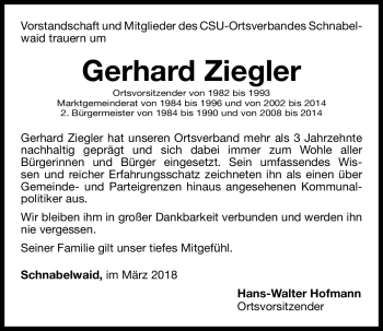 Traueranzeigen Von Gerhard Ziegler Nordbayerischer Kurier