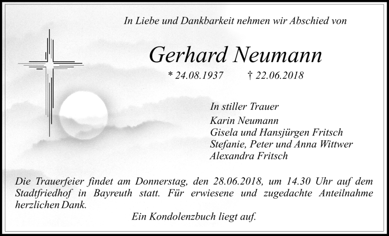 Traueranzeigen Von Gerhard Neumann Nordbayerischer Kurier