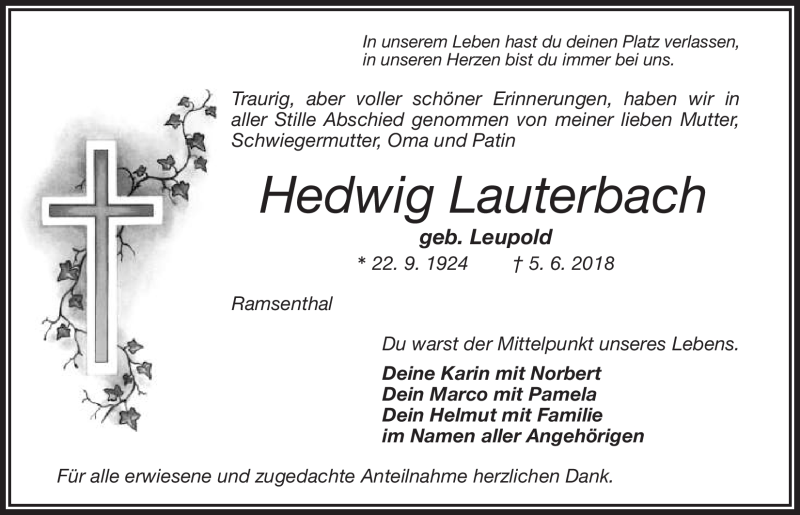 Traueranzeigen Von Hedwig Lauterbach Nordbayerischer Kurier