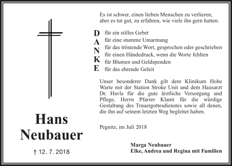 Traueranzeigen Von Hans Neubauer Nordbayerischer Kurier