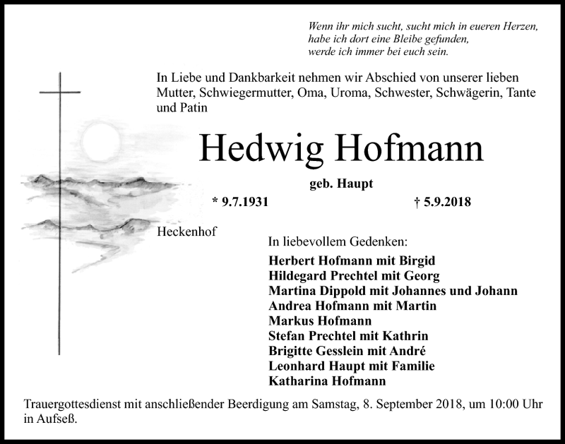 Traueranzeigen Von Hedwig Hofmann Nordbayerischer Kurier