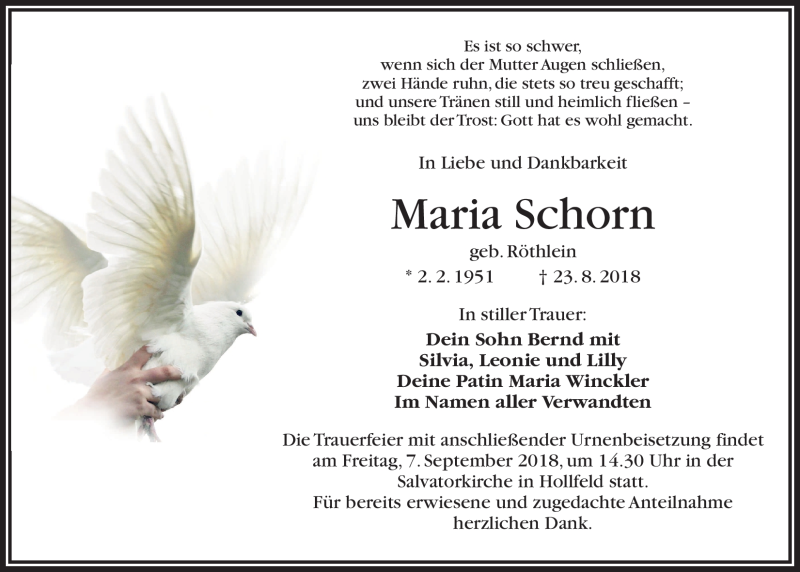 Traueranzeigen Von Maria Schorn Nordbayerischer Kurier