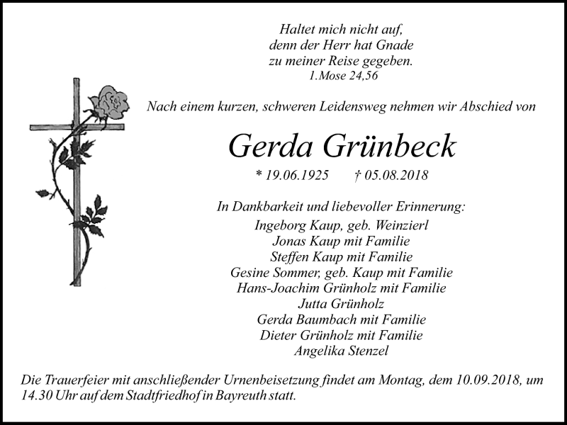 Traueranzeigen von Gerda Grünbeck Nordbayerischer Kurier