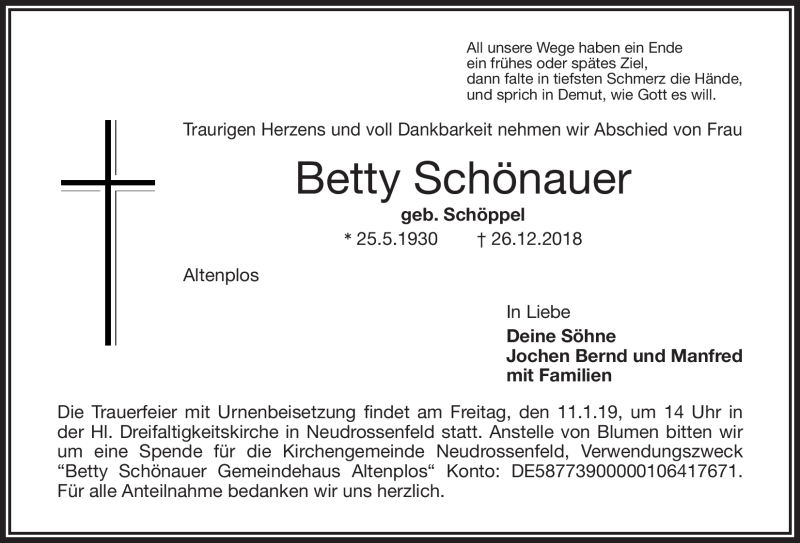 Traueranzeigen von Betty Schönauer Nordbayerischer Kurier