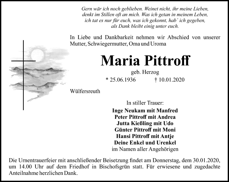 Traueranzeigen Von Maria Pittroff Nordbayerischer Kurier