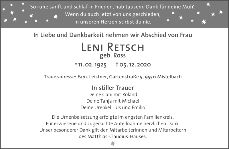 Traueranzeigen Von Leni Retsch Nordbayerischer Kurier