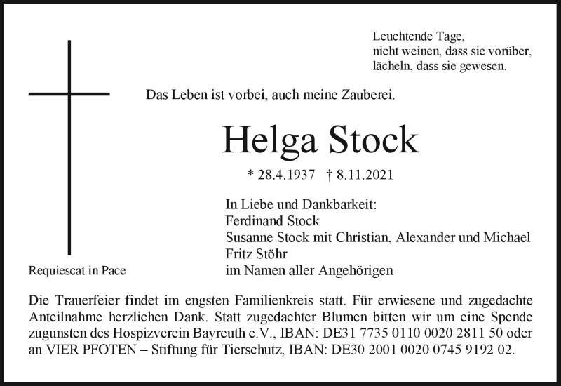 Traueranzeigen Von Helga Stock Nordbayerischer Kurier