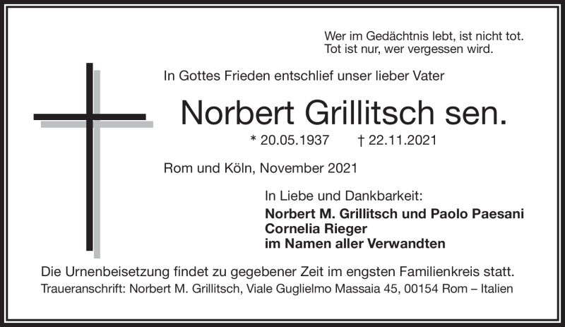 Traueranzeigen Von Norbert Grillitsch Nordbayerischer Kurier