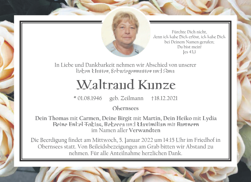 Traueranzeigen Von Waltraud Kunze Nordbayerischer Kurier