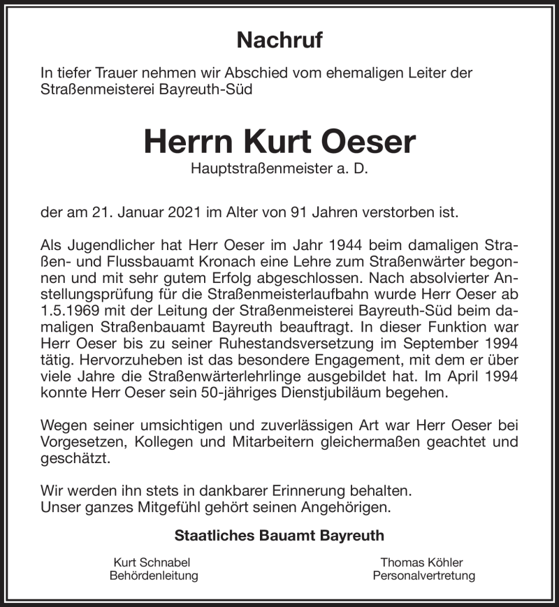 Traueranzeigen Von Kurt Oeser Nordbayerischer Kurier