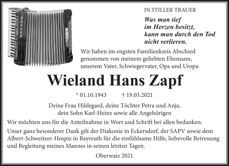 Traueranzeigen Von Wieland Zapf Nordbayerischer Kurier