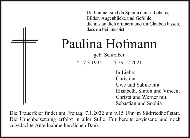 Traueranzeigen Von Paulina Hofmann Nordbayerischer Kurier