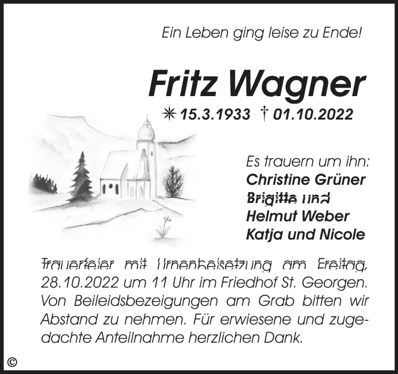 Traueranzeigen Von Fritz Wagner Nordbayerischer Kurier