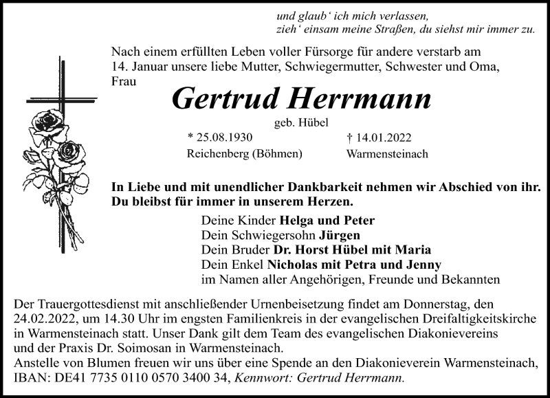 Traueranzeigen Von Gertrud Herrmann Nordbayerischer Kurier