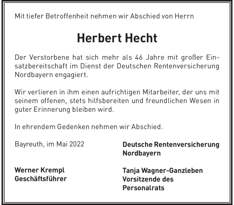 Traueranzeigen Von Herbert Hecht Nordbayerischer Kurier