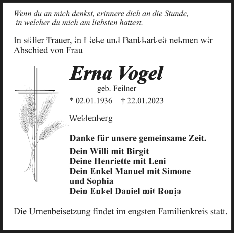 Traueranzeigen Von Erna Vogel Nordbayerischer Kurier