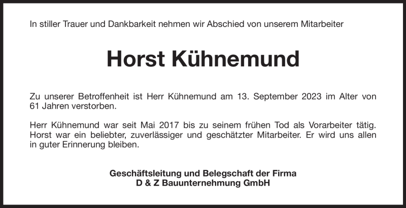 Traueranzeigen von Horst Kühnemund Nordbayerischer Kurier