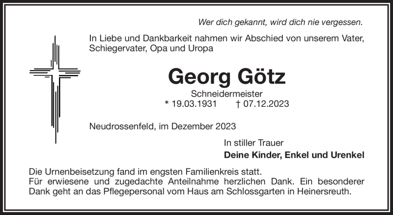 Traueranzeigen Von Georg G Tz Nordbayerischer Kurier