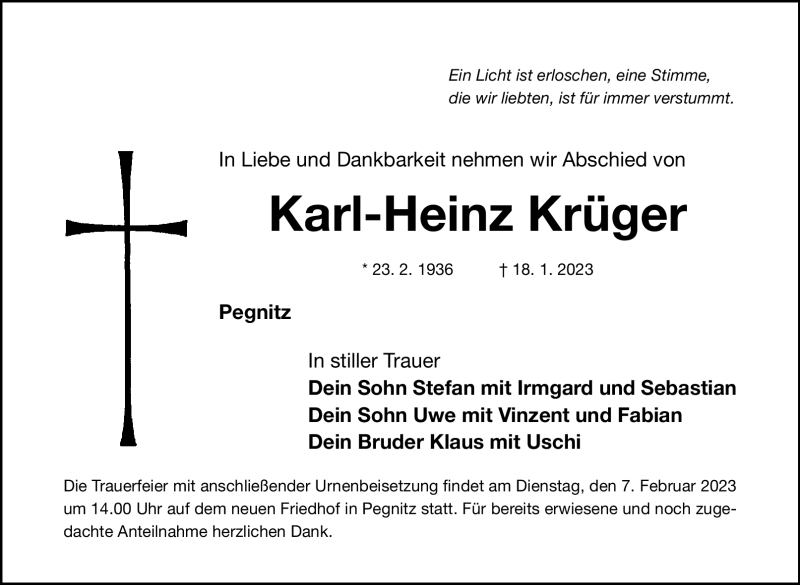 Traueranzeigen von Karl Heinz Krüger Nordbayerischer Kurier