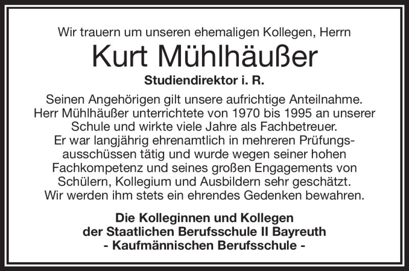 Traueranzeigen Von Kurt M Hlh U Er Nordbayerischer Kurier