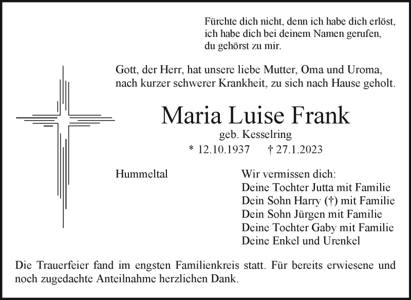 Traueranzeigen Von Maria Luise Frank Nordbayerischer Kurier