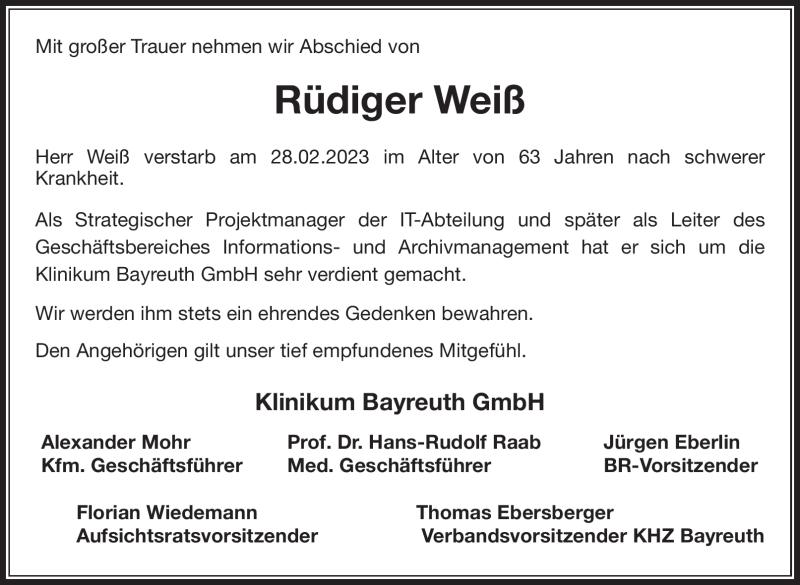 Traueranzeigen Von R Diger Wei Nordbayerischer Kurier