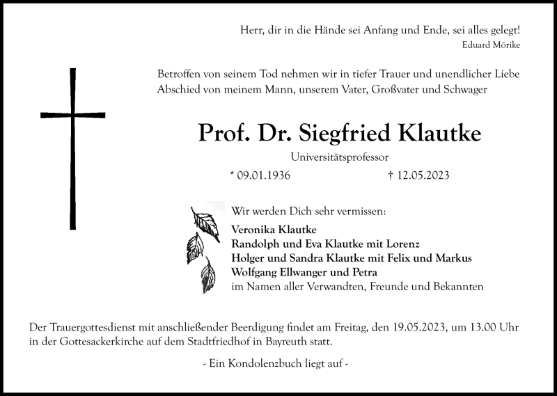 Traueranzeigen Von Siegfried Klautke Nordbayerischer Kurier