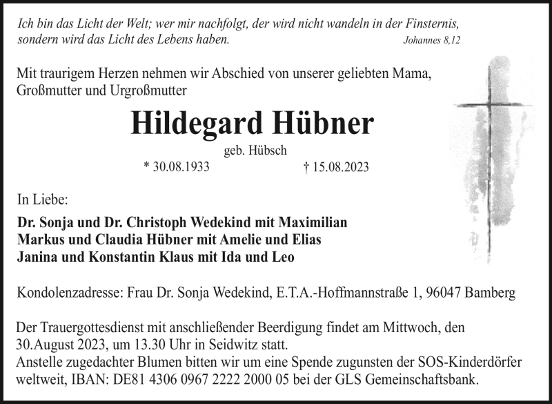 Traueranzeigen Von Hildegard H Bner Nordbayerischer Kurier