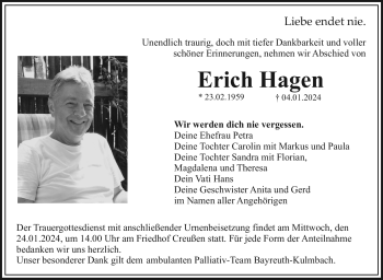 Traueranzeigen Von Erich Hagen Nordbayerischer Kurier