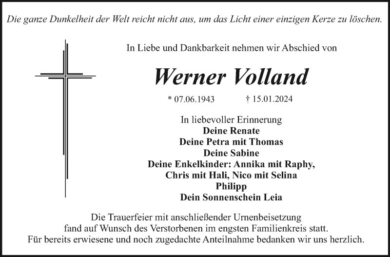 Traueranzeigen Von Werner Volland Nordbayerischer Kurier