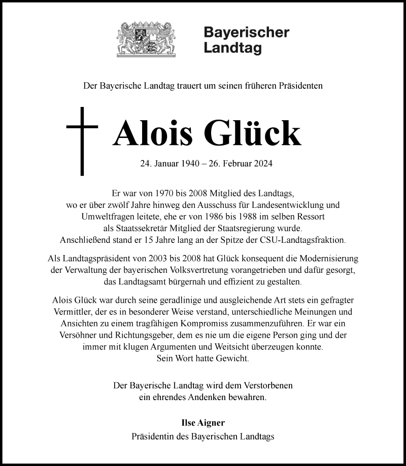 Traueranzeigen Von Alois Gl Ck Nordbayerischer Kurier