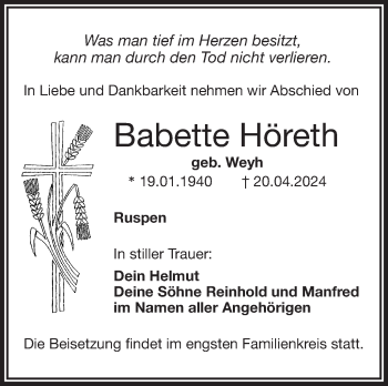 Anzeige von Babette Höreth von Nordbayerischer Kurier