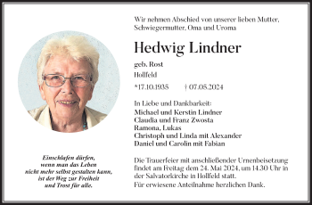 Anzeige von Hedwig Lindner von Nordbayerischer Kurier
