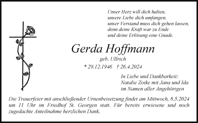 Traueranzeigen Von Gerda Hoffmann Nordbayerischer Kurier