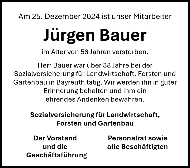 Traueranzeigen von Jürgen Bauer Nordbayerischer Kurier