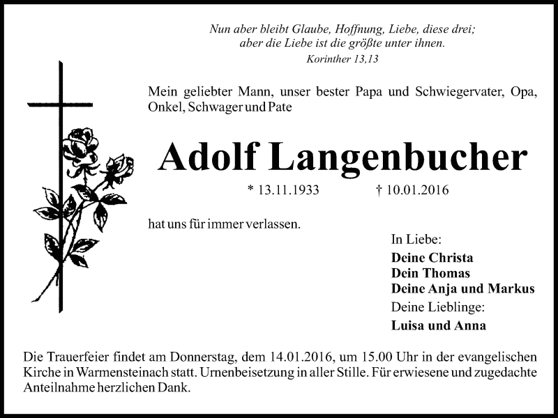  Traueranzeige für Adolf Langenbucher vom 12.01.2016 aus Nordbayerischer Kurier