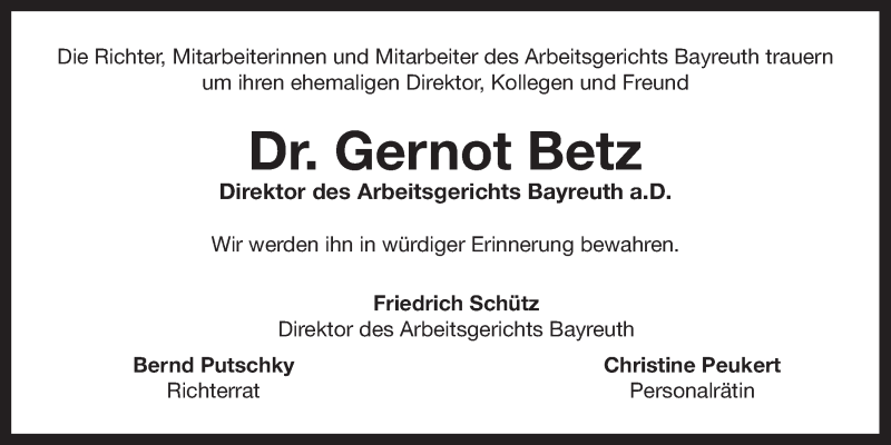  Traueranzeige für Gernot Betz vom 05.05.2015 aus Nordbayerischer Kurier
