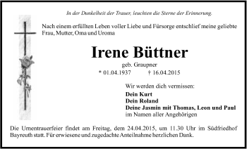 Anzeige von Irene Büttner von Nordbayerischer Kurier