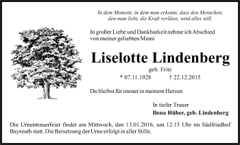 Anzeige von Liselotte Lindenberg von Nordbayerischer Kurier