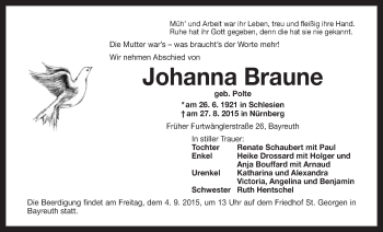 Anzeige von Johanna Braune von Nordbayerischer Kurier