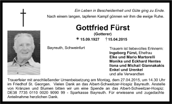 Anzeige von Gottfried Fürst von Nordbayerischer Kurier