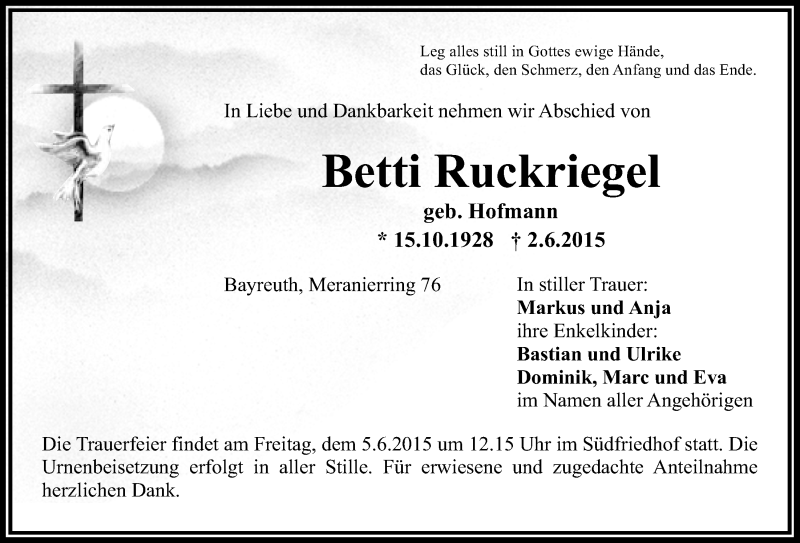  Traueranzeige für Betti Ruckriegel vom 03.06.2015 aus Nordbayerischer Kurier