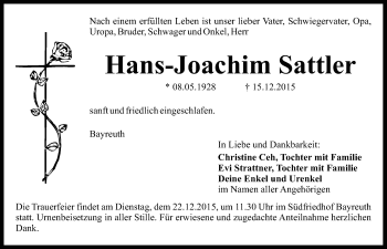 Anzeige von Hans-Joachim Sattler von Nordbayerischer Kurier