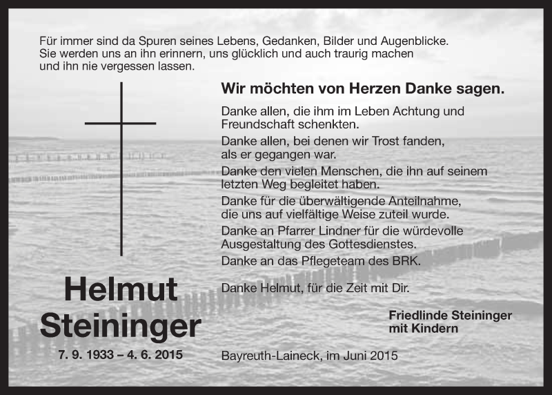  Traueranzeige für Helmut Steininger vom 22.06.2015 aus Nordbayerischer Kurier
