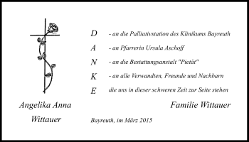 Anzeige von Angelika Anna Wittauer von Nordbayerischer Kurier