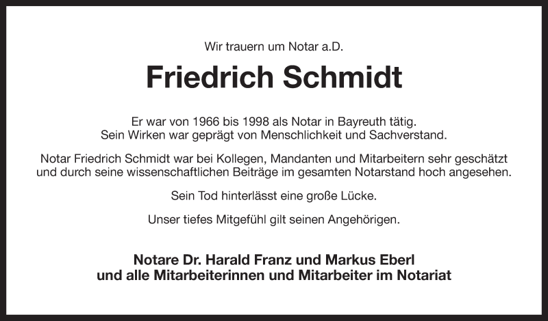  Traueranzeige für Friedrich Schmidt vom 13.06.2015 aus Nordbayerischer Kurier