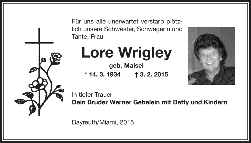  Traueranzeige für Lore Wrigley vom 06.02.2015 aus Nordbayerischer Kurier