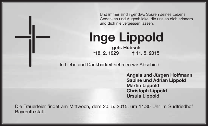  Traueranzeige für Inge Lippold vom 16.05.2015 aus Nordbayerischer Kurier