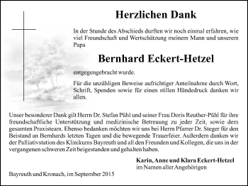 Anzeige von Bernhard Eckert-Hetzel von Nordbayerischer Kurier