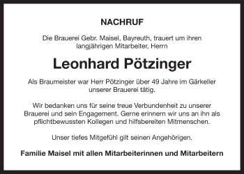Anzeige von Leonhard Pötzinger von Nordbayerischer Kurier
